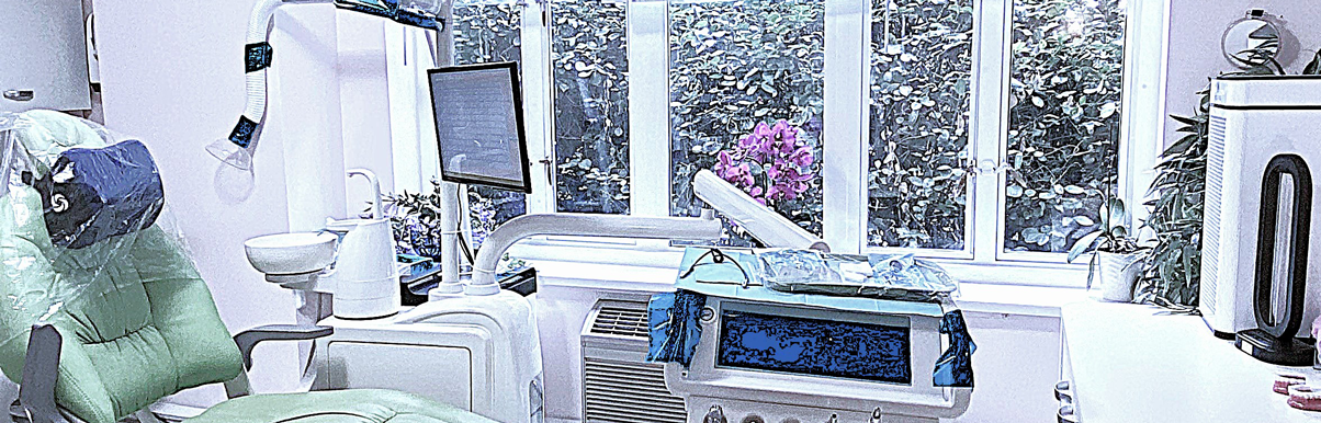 fifthavenuesmile | Bright dental room with green chair, protective coverings, wall-mounted monitor, and large windows looking out to greenery and flowers.