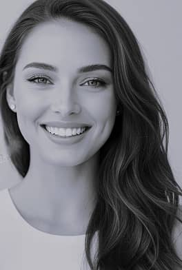 fifthavenuesmile | Black and white photo of a young woman smiling with long wavy hair and bright teeth